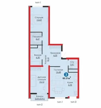 80 м², 3-комн. квартира, 6/16-0