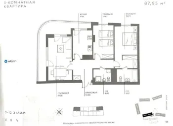 87 м², 3-комн. квартира, 5/14-2