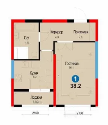 38 м², 1-комн. квартира, 11/12-1