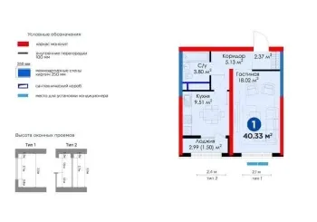 40 м², 2-комн. квартира, 1/8-3