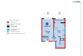 44 м², 2-комн. квартира, 2/4-1