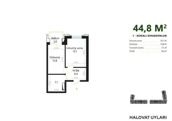 44 m², 2-xonali kvartira, 9/11-0