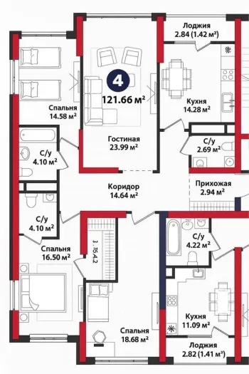 122 м², 4-комн. квартира, 5/9-1