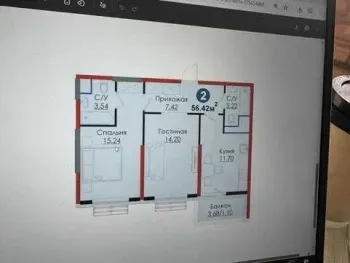 56 м², 2-комн. квартира, 10/13-0