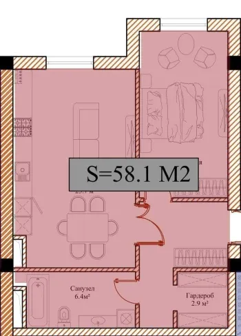 58 м², 2-комн. квартира, 2/13-2