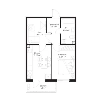 44 m², 2-xonali kvartira, 14/16-3