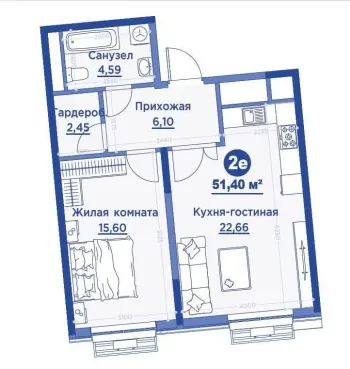 51 м², 2-комн. квартира, 2/15-1