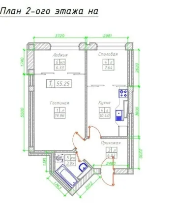 55 m², 1-xonali kvartira, 2/8-0