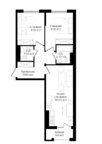 62 м², 2-комн. квартира, 11/12-0