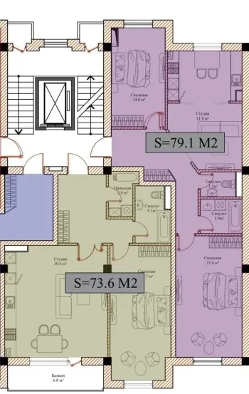 75 м², 2-комн. квартира, 13/13-1