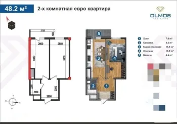 48 м², 2-комн. квартира, 9/14-0