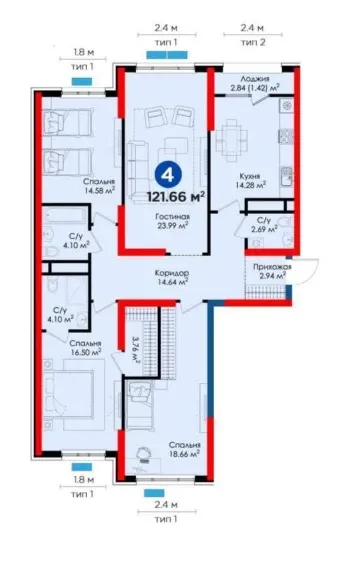 121 м², 4-комн. квартира, 6/9-0