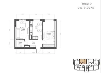 53 m², 2-xonali kvartira, 2/12-1