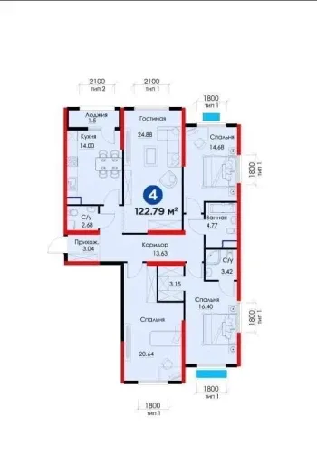 122 m², 4-xonali kvartira, 5/12-0