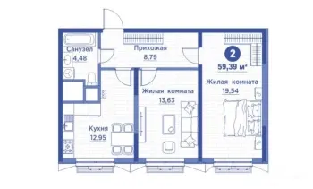 62 м², 2-комн. квартира, 5/12-0