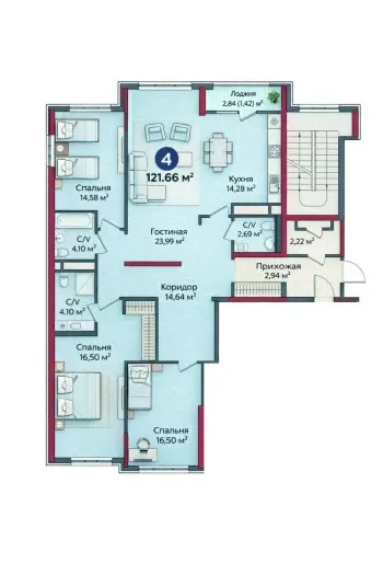 122 м², 4-комн. квартира, 5/9-1