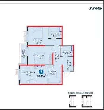 68 м², 3-комн. квартира, 2/12-2