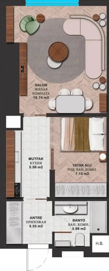 33 m², 2-xonali kvartira, 22/51-1