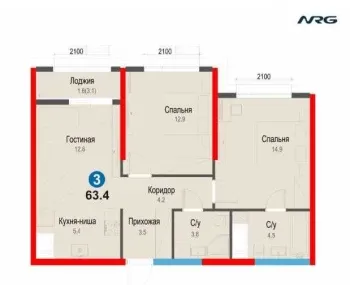 63 m², 3-xonali kvartira, 8/12-0