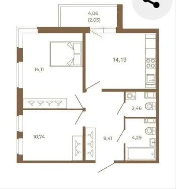 60 м², 2-комн. квартира, 4/10-1