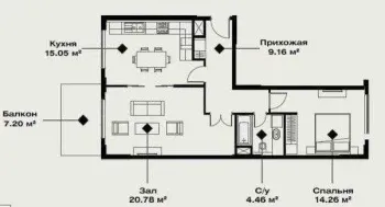 65 м², 2-комн. квартира, 10/14-0