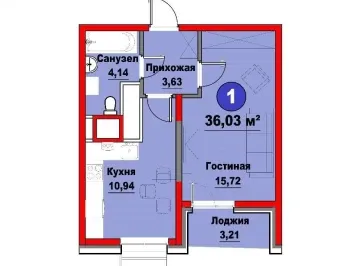 34 м², 1-комн. квартира, 9/16-3