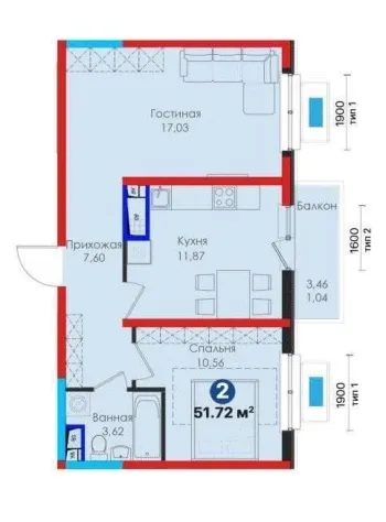 52 м², 2-комн. квартира, 6/10-2