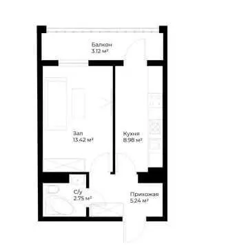 33 м², 1-комн. квартира, 2/16-0