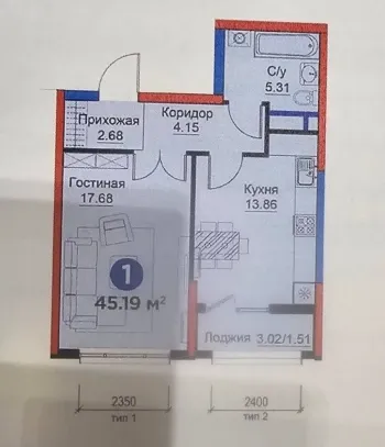 50 m², 2-xonali kvartira, 4/5-0
