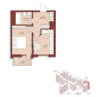 34 м², 1-комн. квартира, 10/15-0