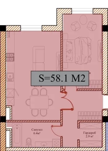 58 м², 2-комн. квартира, 2/13-2