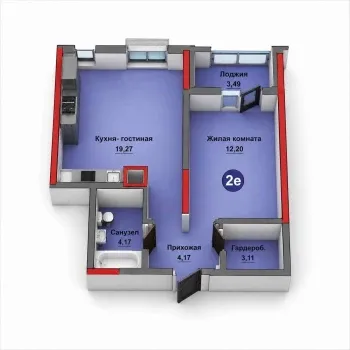 45 м², 2-комн. квартира, 2/5-1