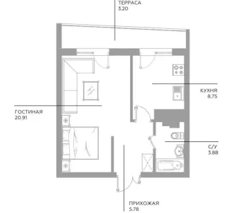43 м², 2-комн. квартира, 4/16-3