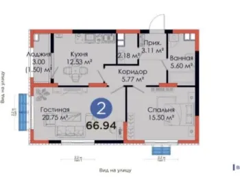 67 m², 2-xonali kvartira, 6/12-1