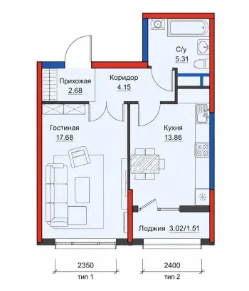 50 м², 2-комн. квартира, 4/5-1