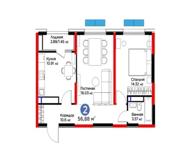 56 m², 2-xonali kvartira, 2-13/13-0