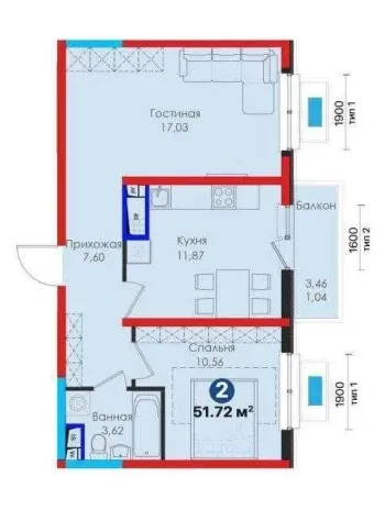 52 м², 2-комн. квартира, 6/10-0