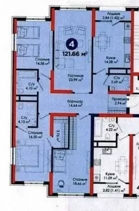 122 м², 4-комн. квартира, 3/9-2