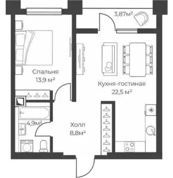 53 м², 2-комн. квартира, 13/25-1