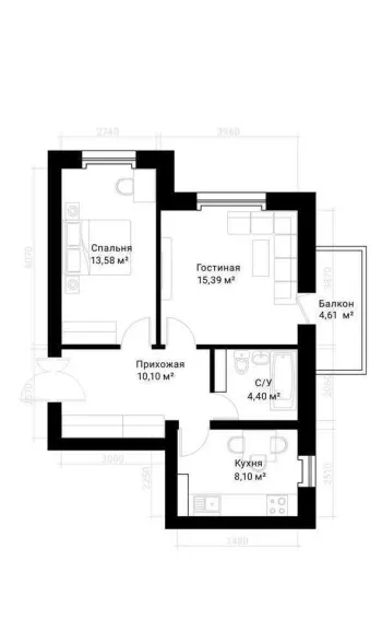 57 m², 2-xonali kvartira, 5/8-3