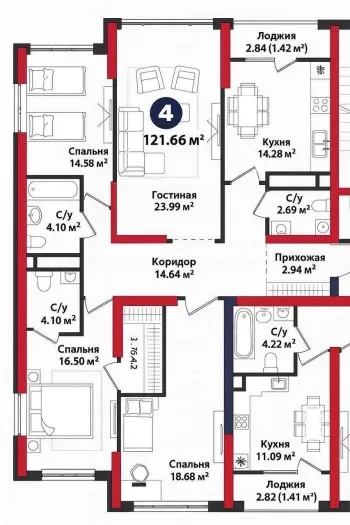 121 м², 4-комн. квартира, 5/9-1