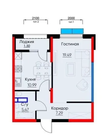 44 m², 1-xonali kvartira, 7/9-0
