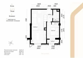 54 m², 2-xonali kvartira, 4/12-2