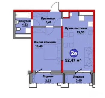53 м², 2-комн. квартира, 9/12-3