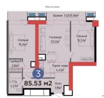 85 м², 3-комн. квартира, 23/28-2