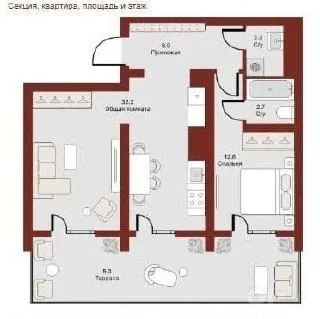57 м², 2-комн. квартира, 1/15-1