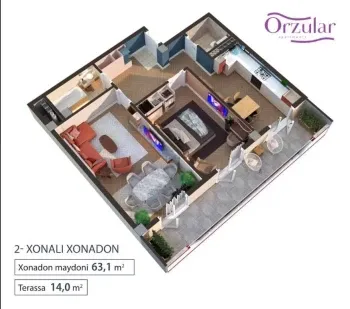 63 m², 2-xonali kvartira, 3/16-2