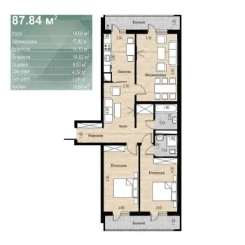 87 м², 3-комн. квартира, 1/16-1