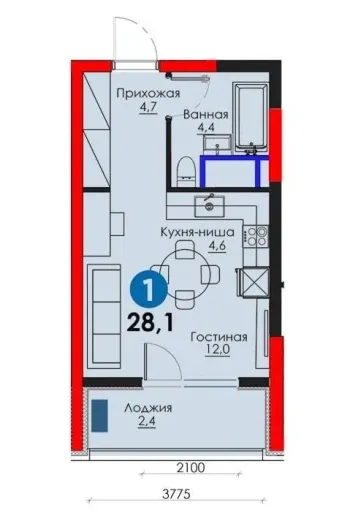 28 m², 1-xonali kvartira, 10/16-2