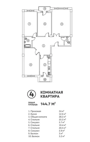 145 м², 4-комн. квартира, 8/8-3